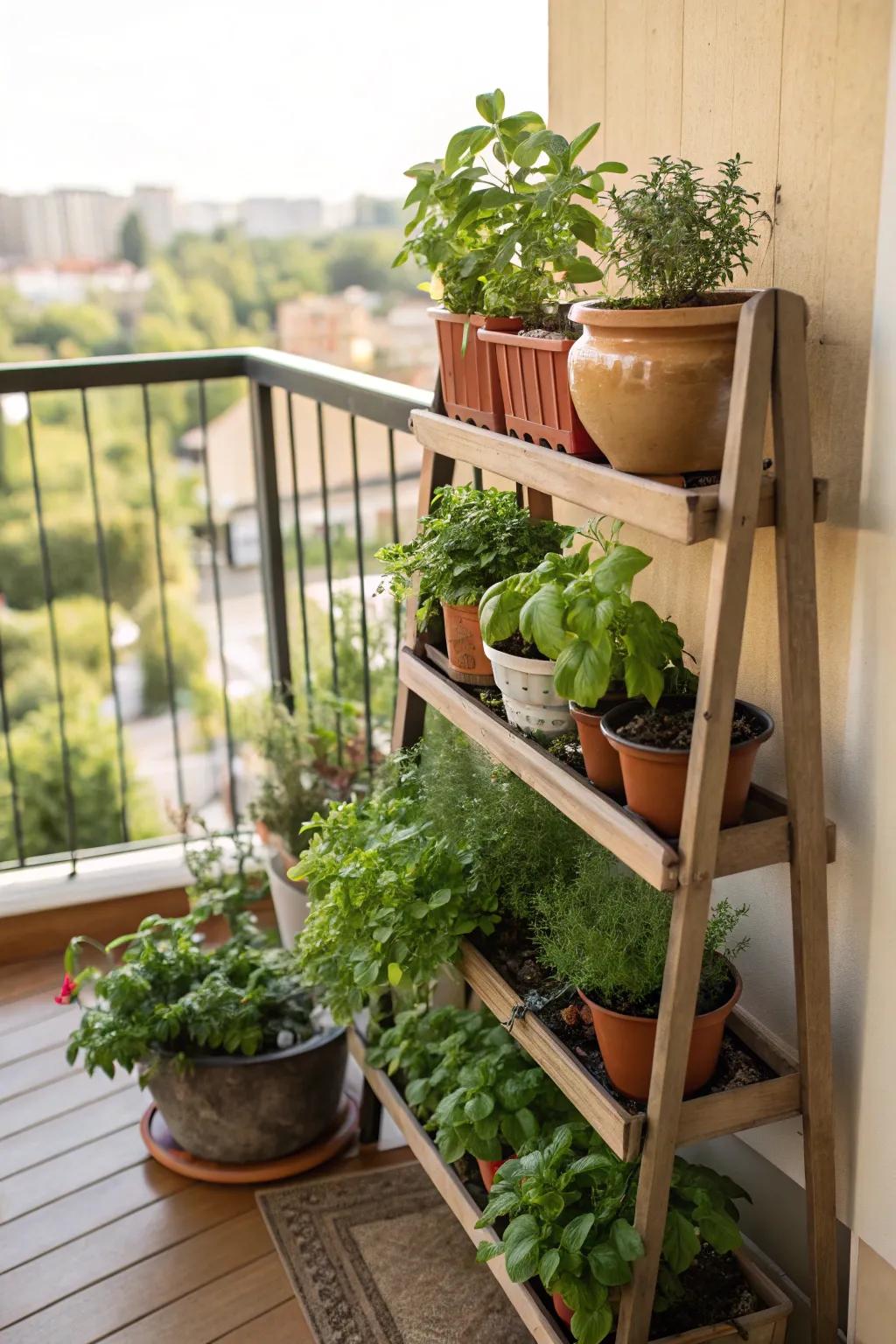 A tiered plant stand elegantly organizes your herb collection.