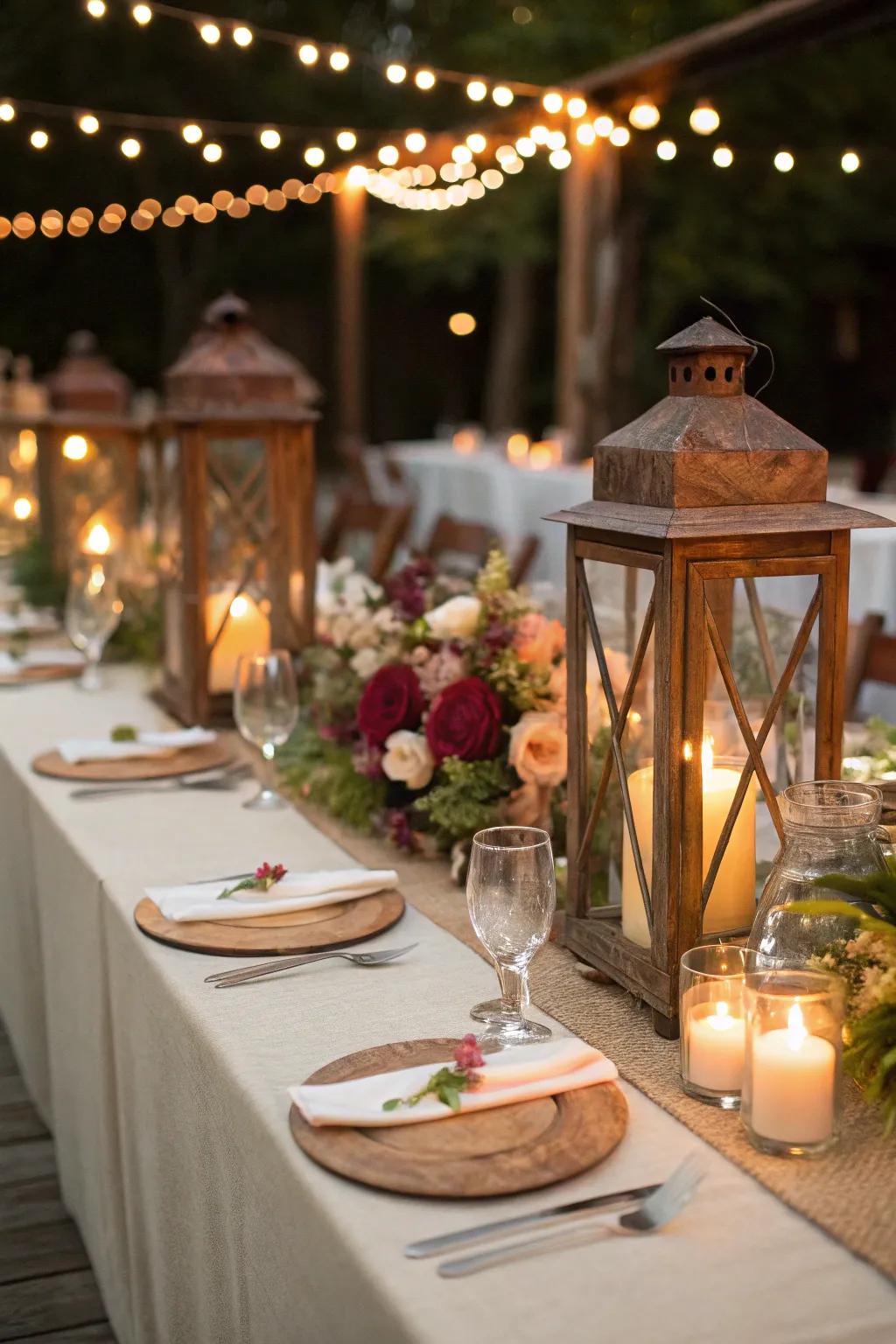 Rustic lanterns casting a charming glow on the table.