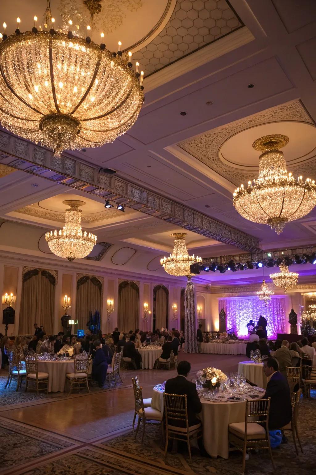 Chandeliers and mood lighting setting the perfect ambiance.
