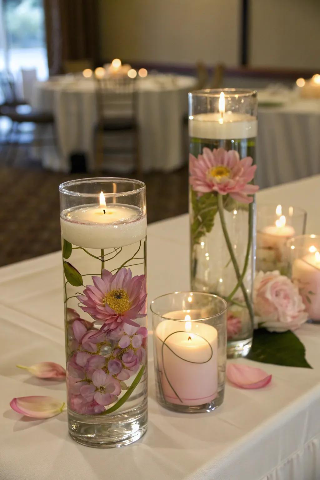 Floating floral arrangements create a serene atmosphere.