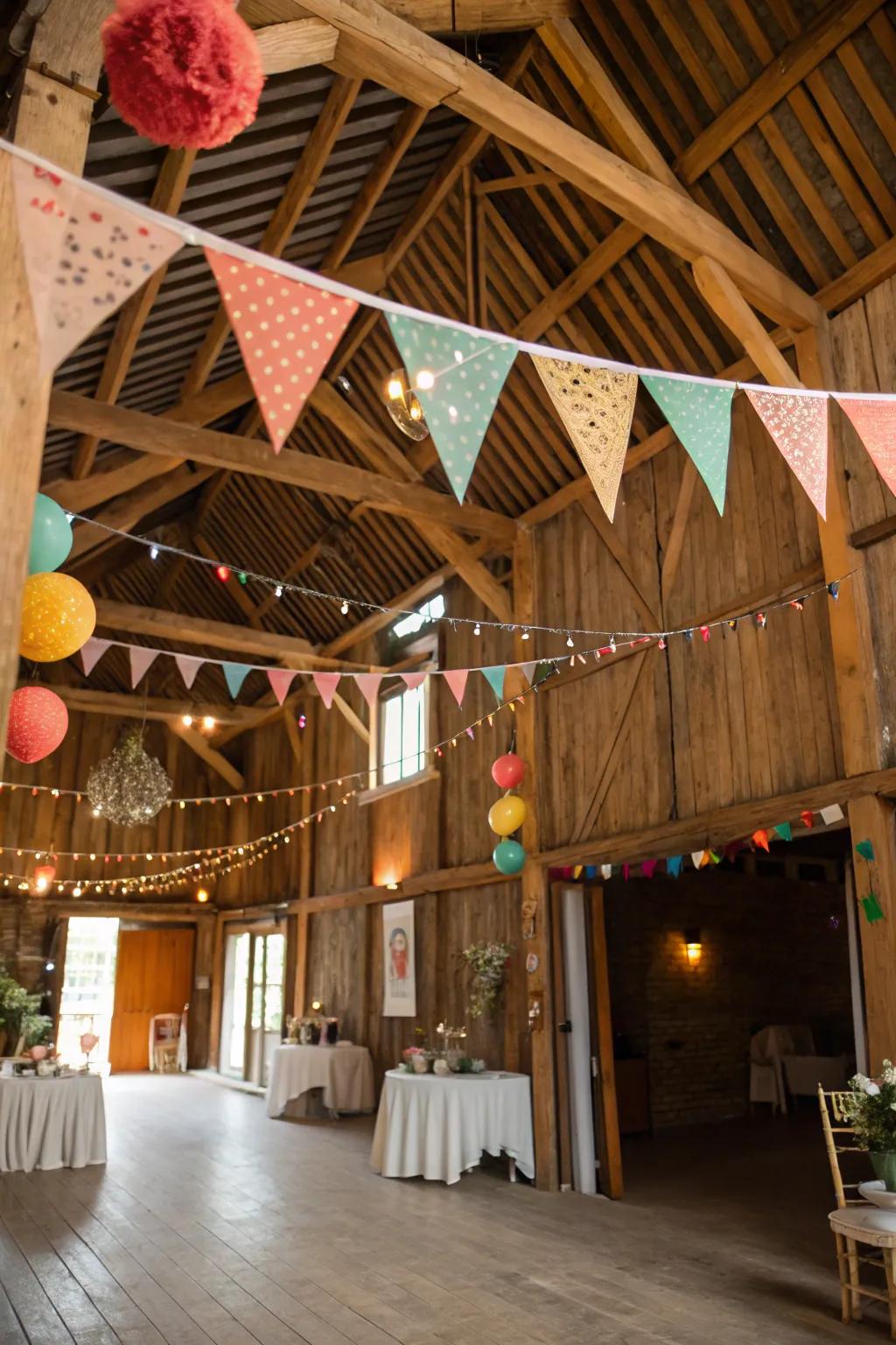 Bunting adds a lively and festive vibe to the barn.