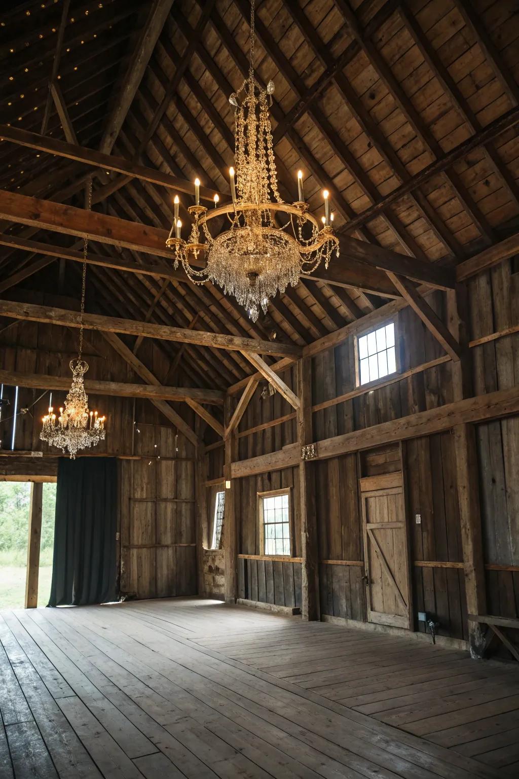 Chandeliers bring elegance to rustic barn settings.