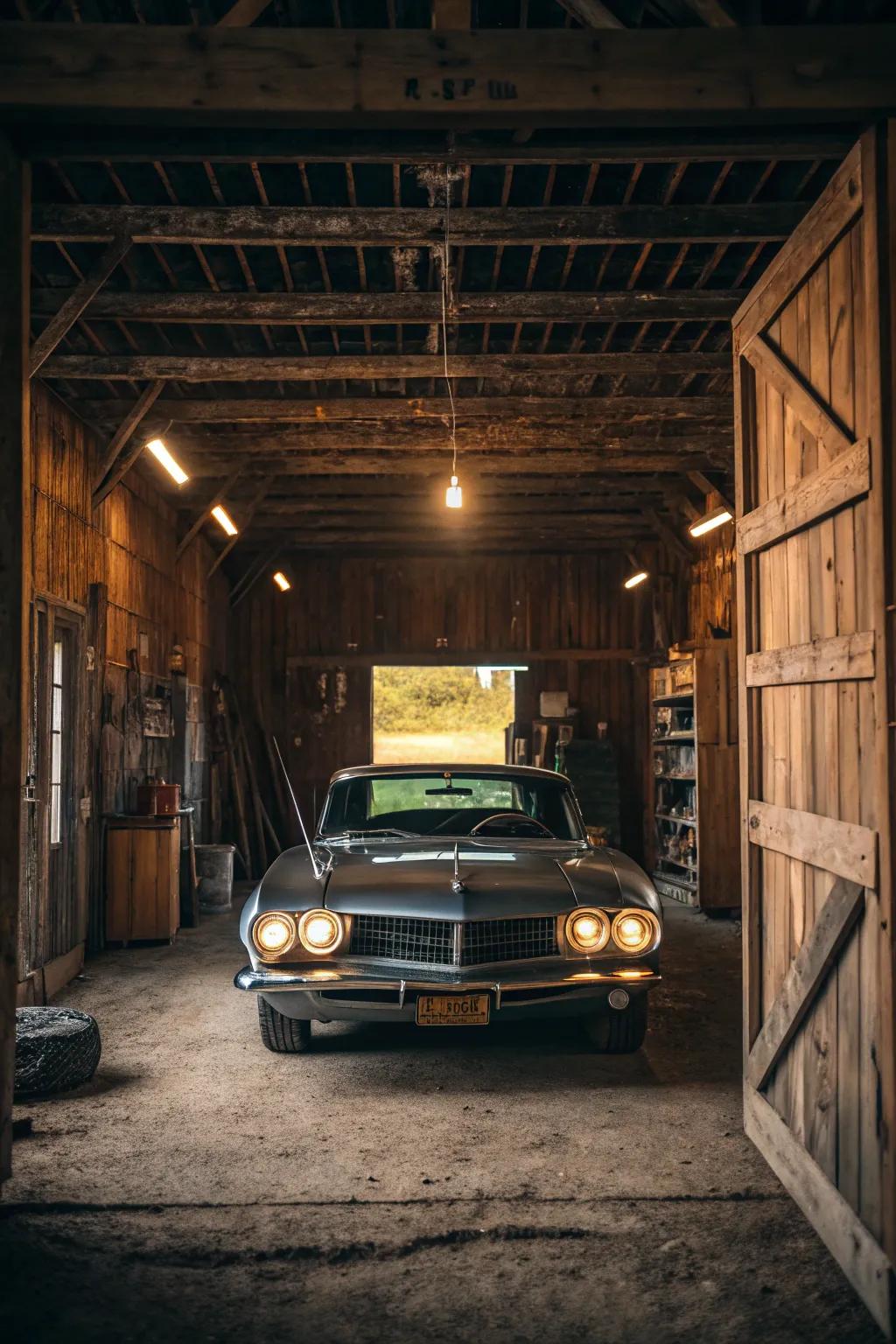 A vintage car becomes a stunning focal point in this barn garage.