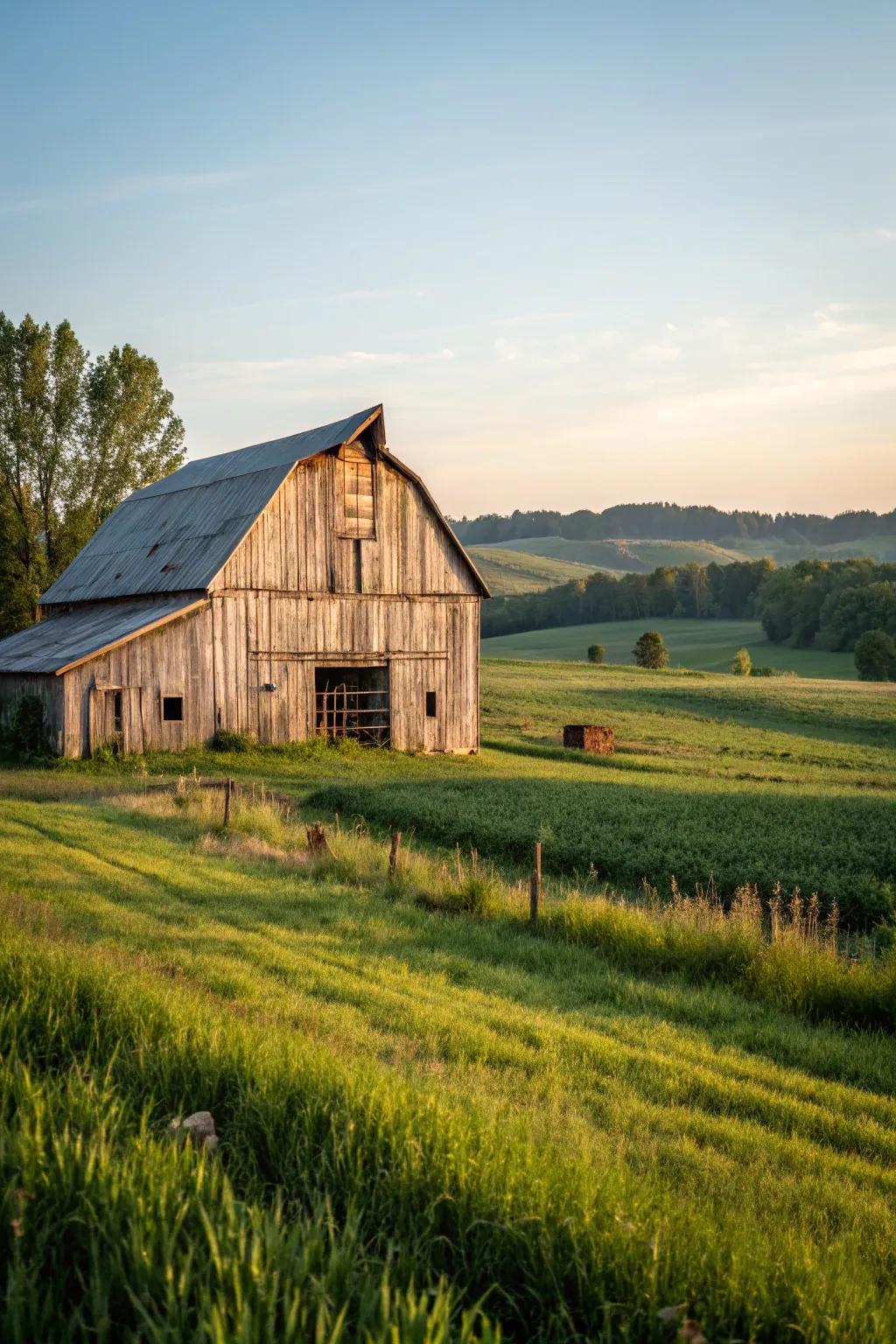 A barn clad in reclaimed wood siding, radiating rustic charm.