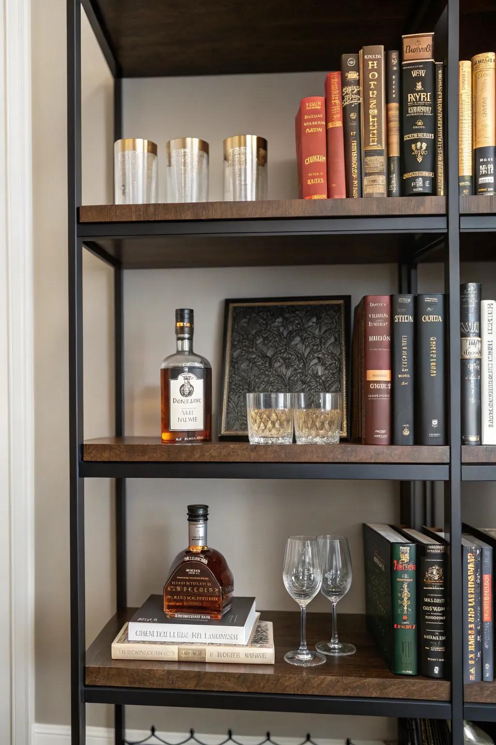 A clever use of shelving transforms a bookshelf into a mini bar.