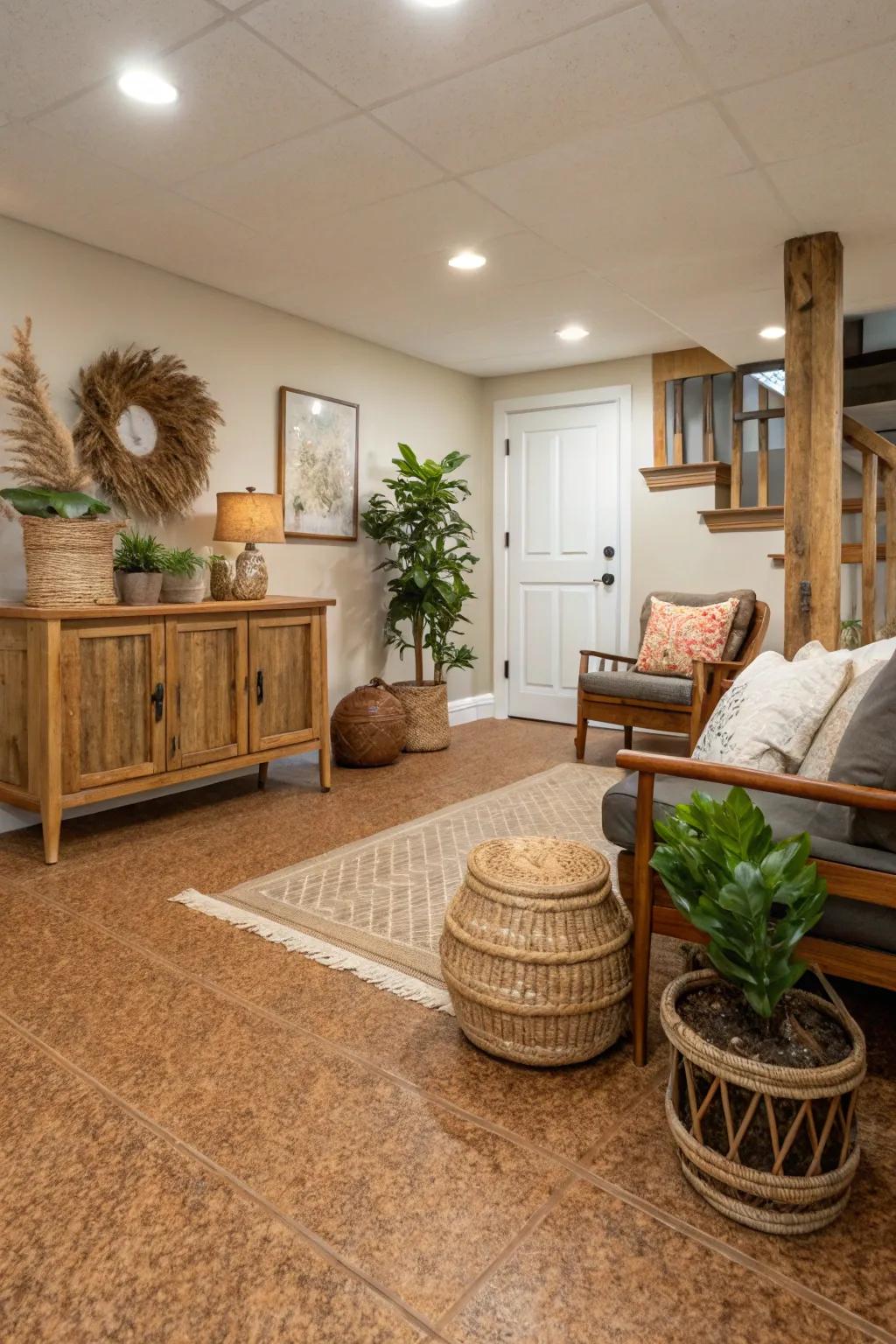 Cork flooring adds natural warmth and sound insulation.