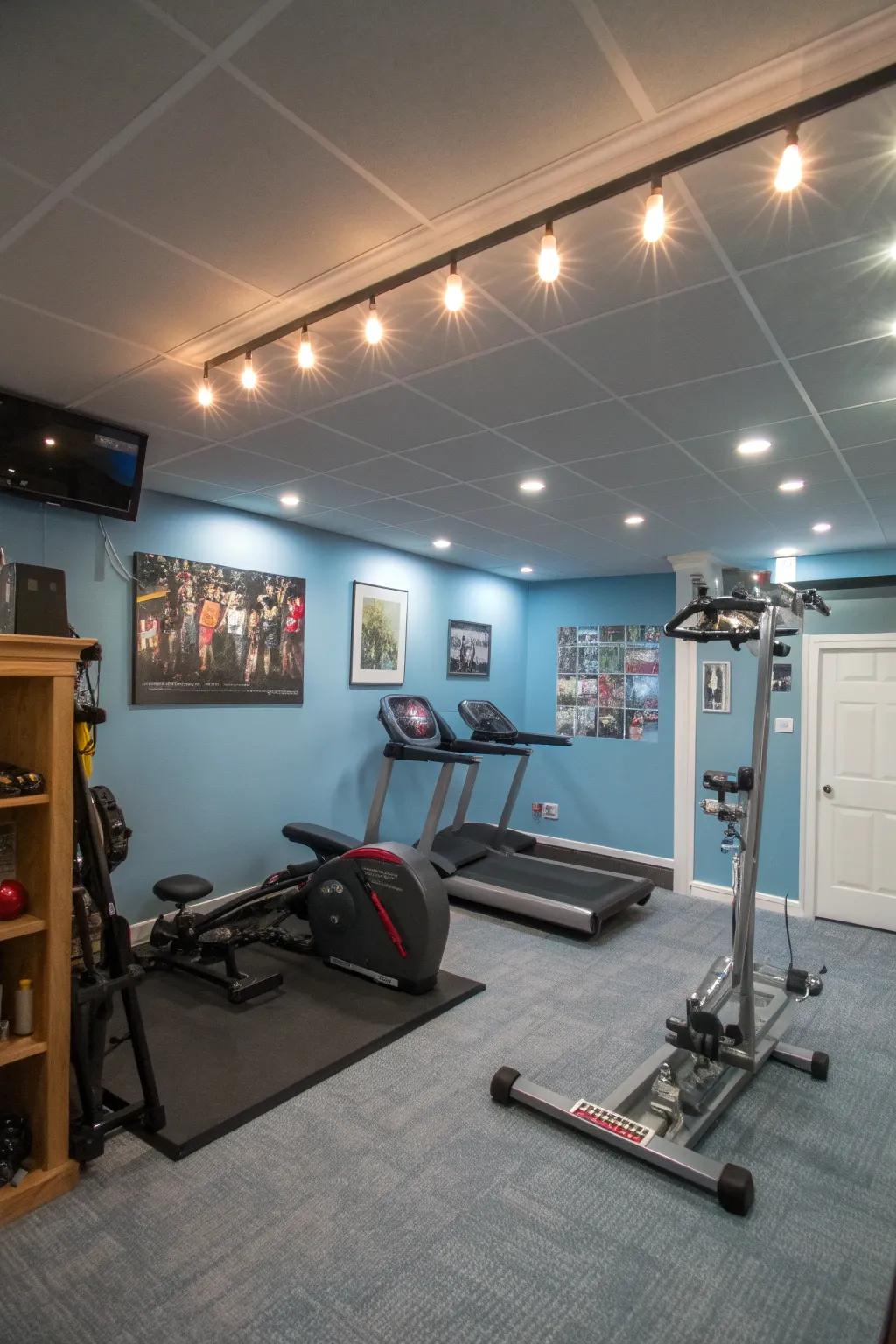 Adjustable lighting enhances the ambiance of your home gym.