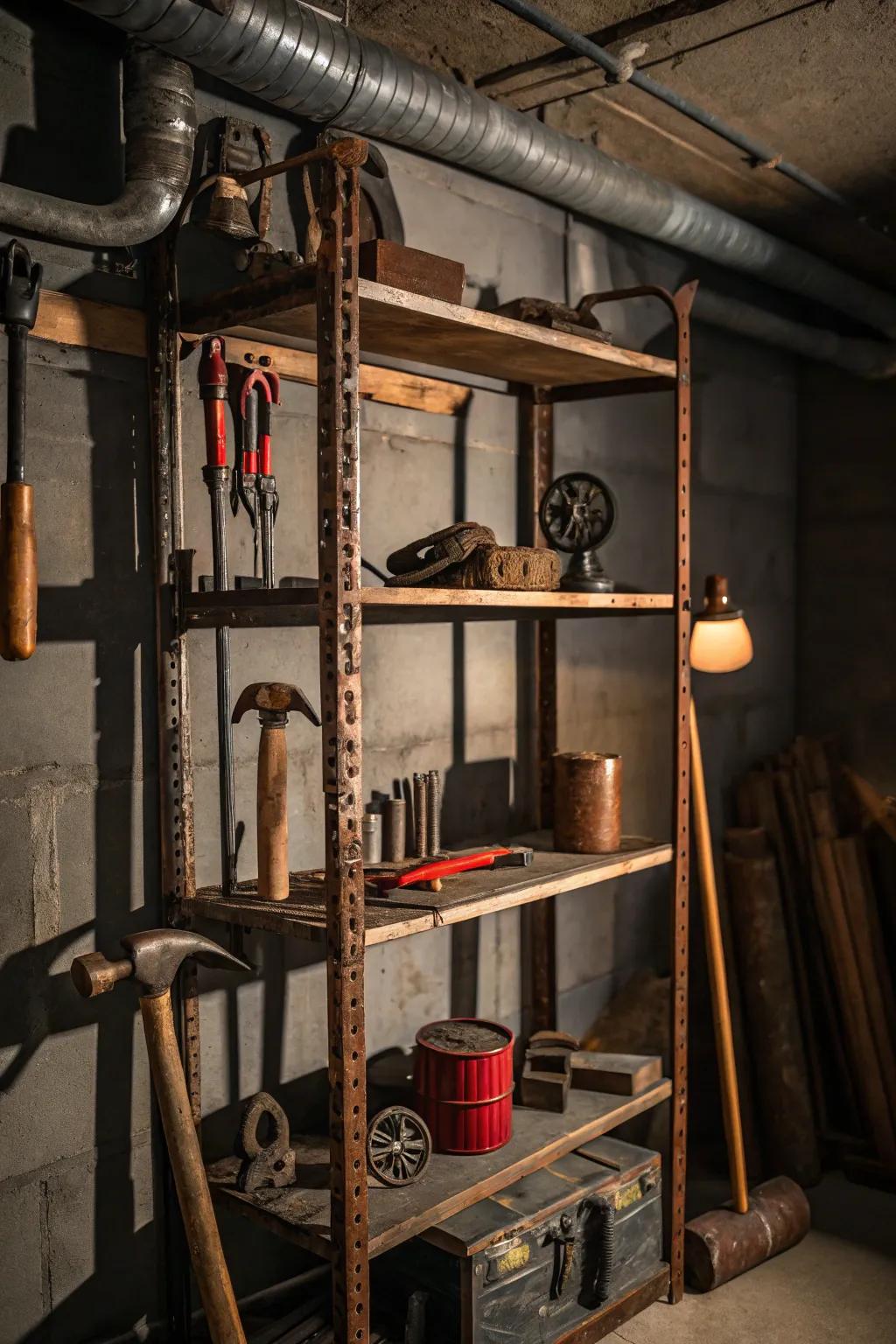 Industrial pipe shelving provides strength and style, ideal for heavy-duty storage.