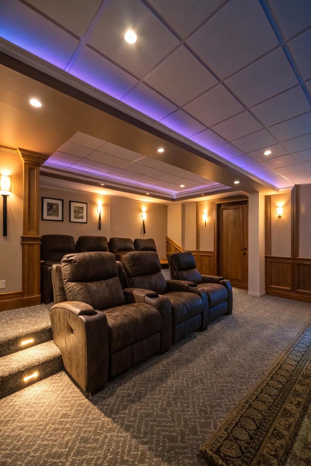 Ambient lighting enhances the mood and aesthetics of your home theater.