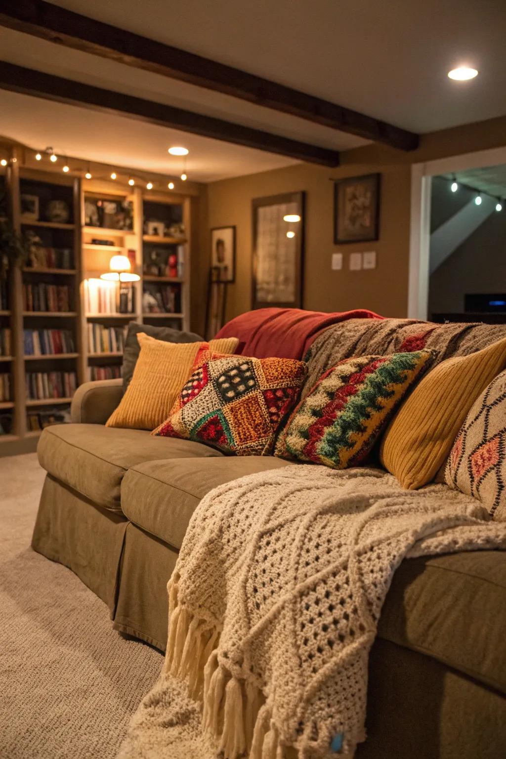 Throw pillows and blankets add warmth and texture.