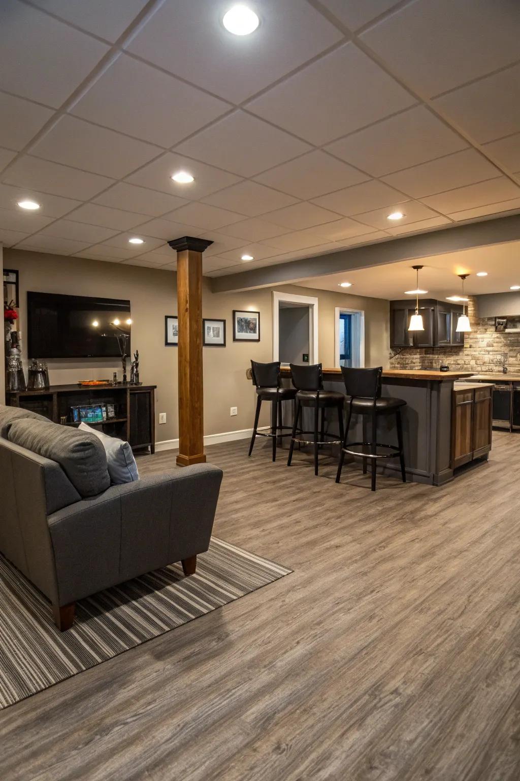Waterproof vinyl flooring offers durability and style.