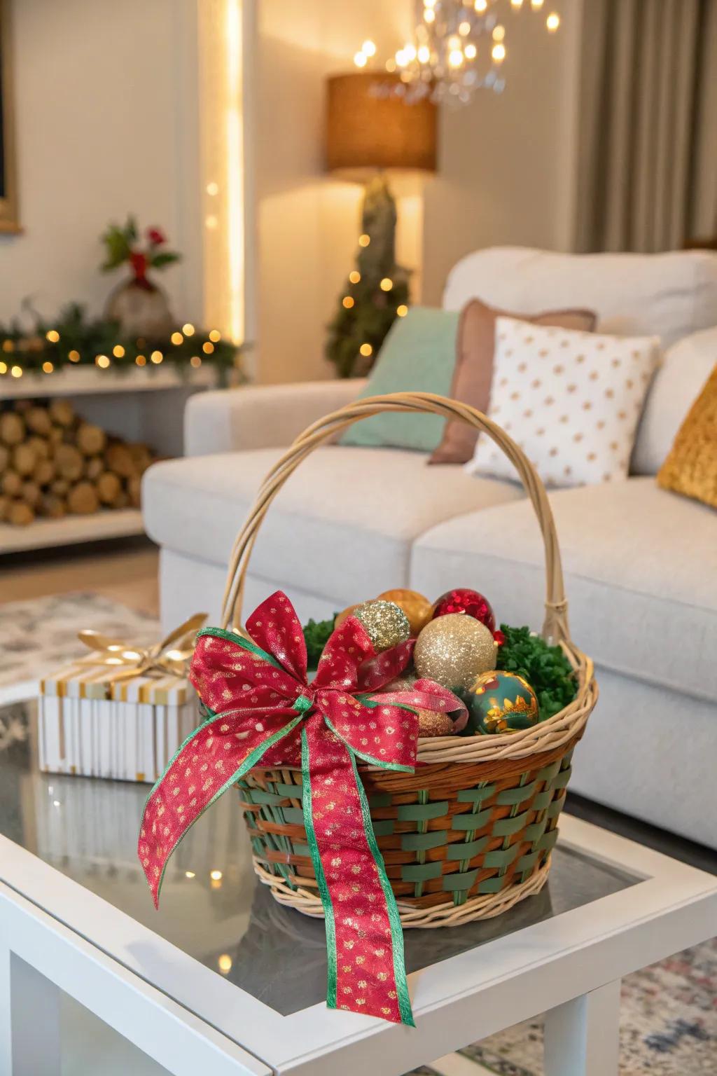 A festive ribbon and bow add the perfect finishing touch to a basket of cheer.