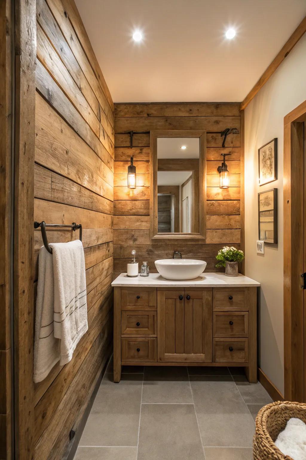 Wood paneling adds warmth and a rustic charm.