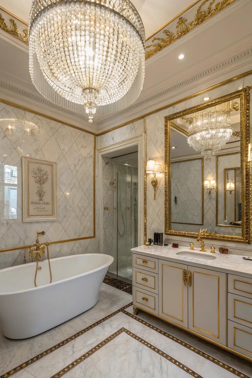 A chandelier adds a dramatic flair, turning your bathroom into a luxurious escape.