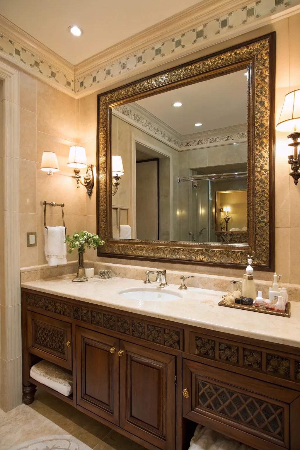 A statement mirror adds depth and elegance to any bathroom.