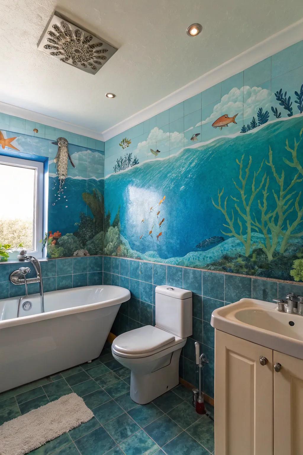 An aquatic-themed bathroom with ocean-inspired wall art.