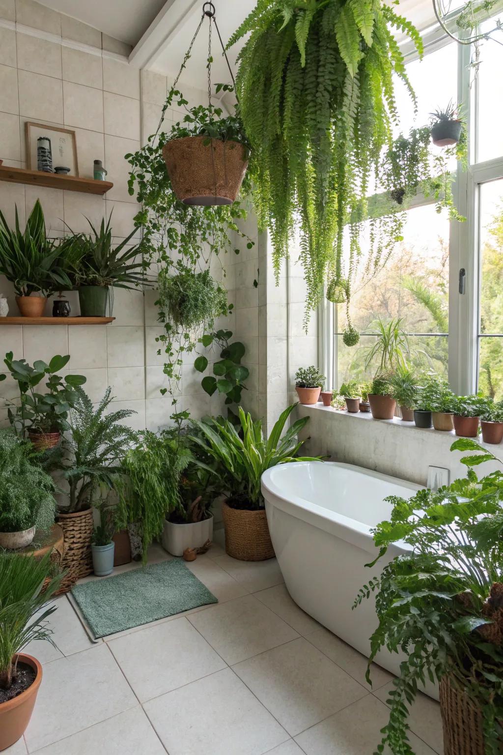 A bathroom oasis with lush greenery bringing nature indoors.