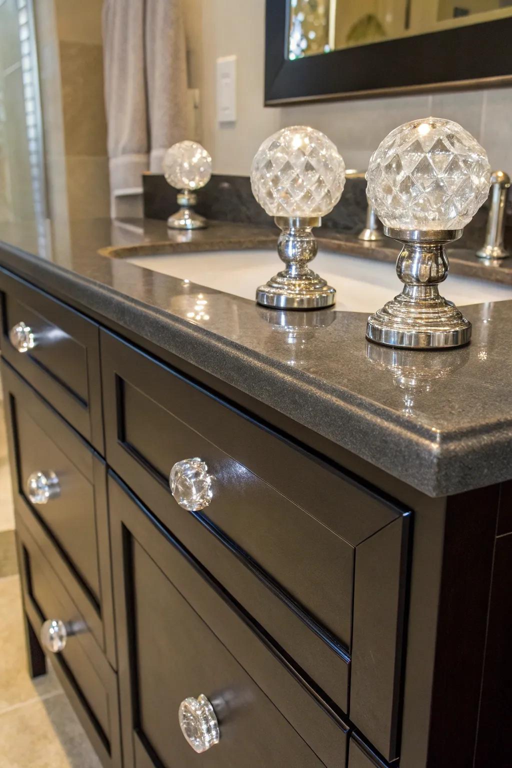 Crystal knobs bring a timeless sparkle to any vanity.