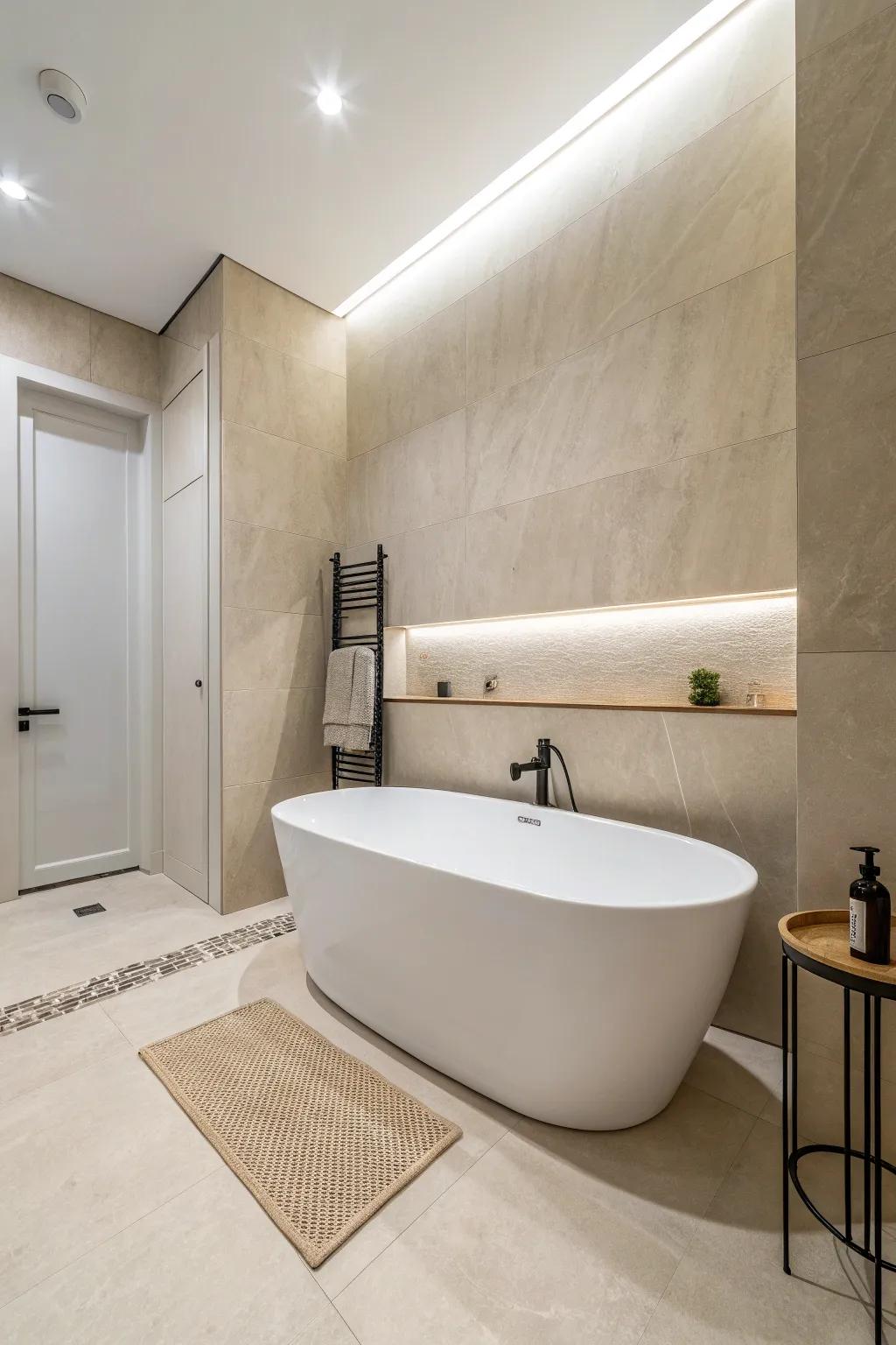 A sleek white bathtub in a minimalist setting creates a calming atmosphere.