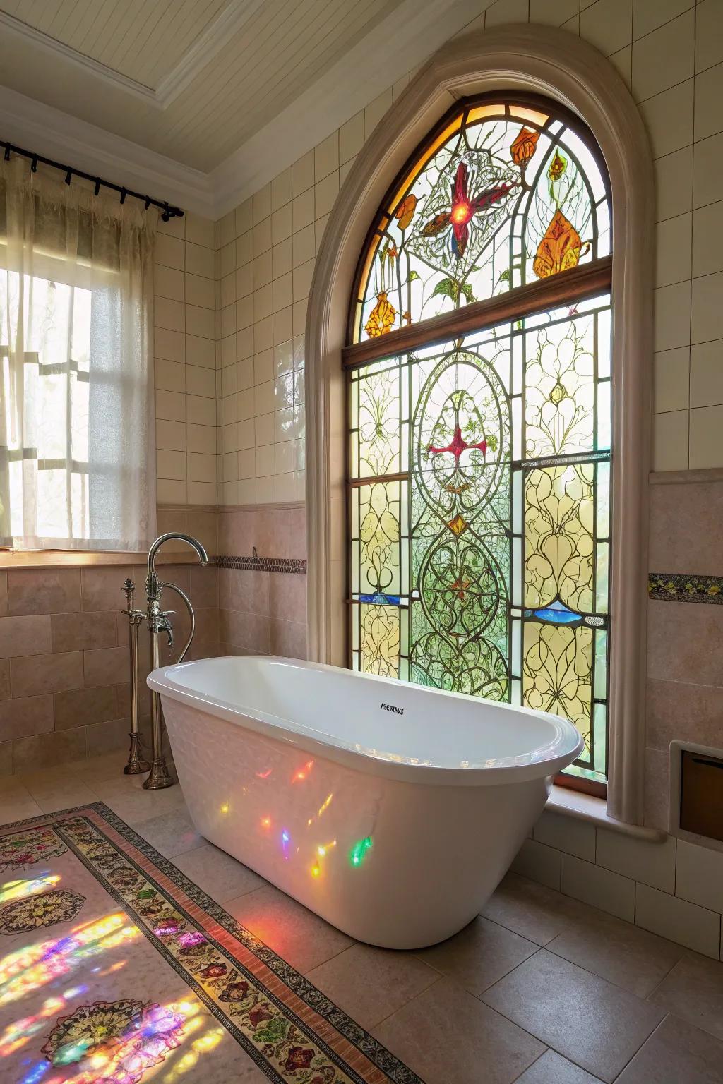 Stained glass adds elegance and color to a bathroom.