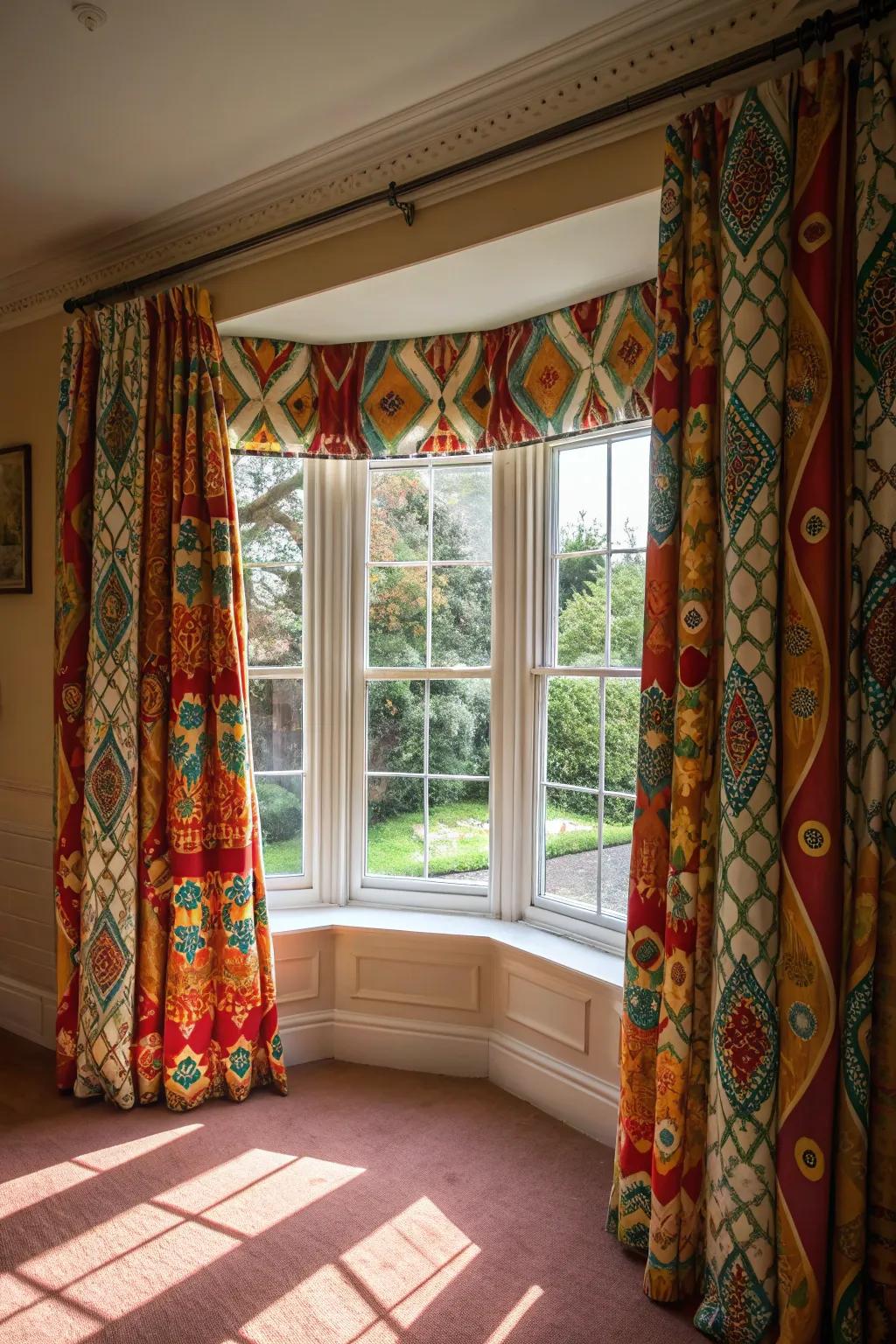 Bold patterned curtains transforming bay windows into artistic focal points.