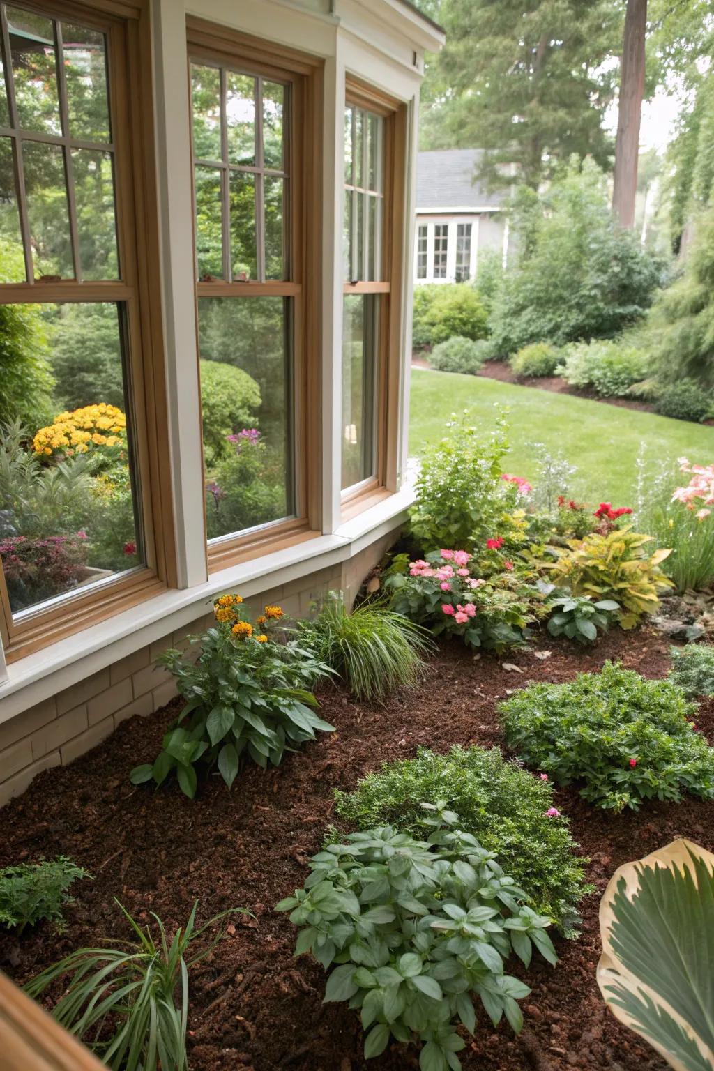 Cedar mulch enhancing the neatness and color under a bay window.