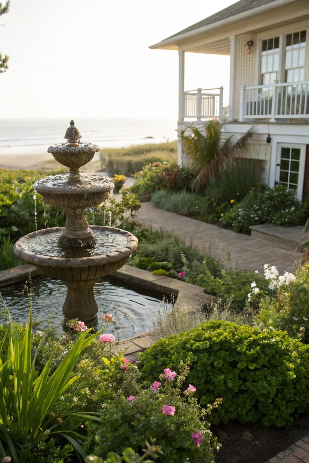 A bubbling water feature adding serenity to the garden.