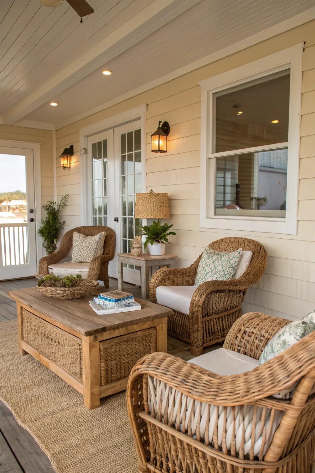 Natural materials lend an organic touch to this cozy beach house space.