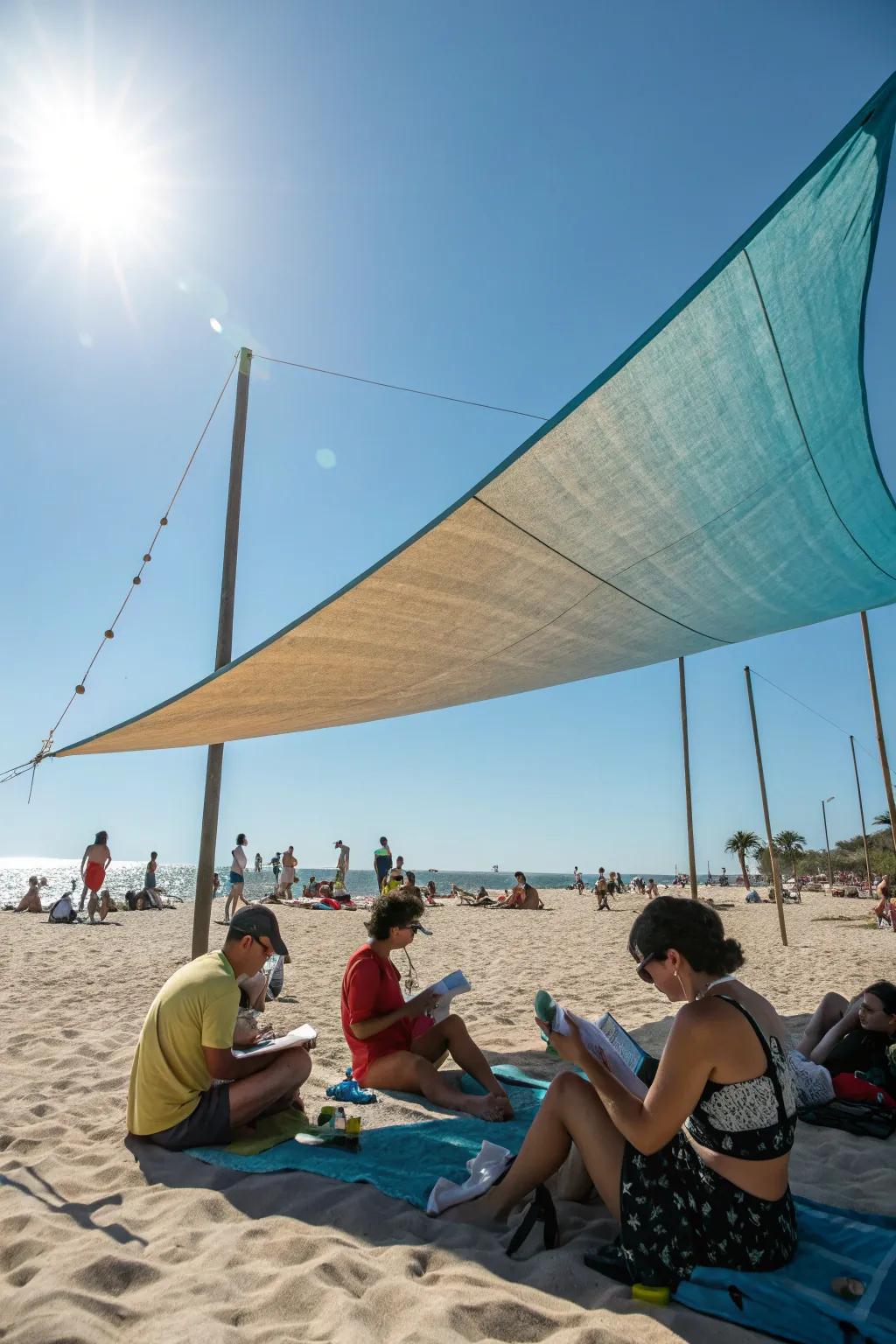 Fabric sail shades bring both style and shelter to the beach.