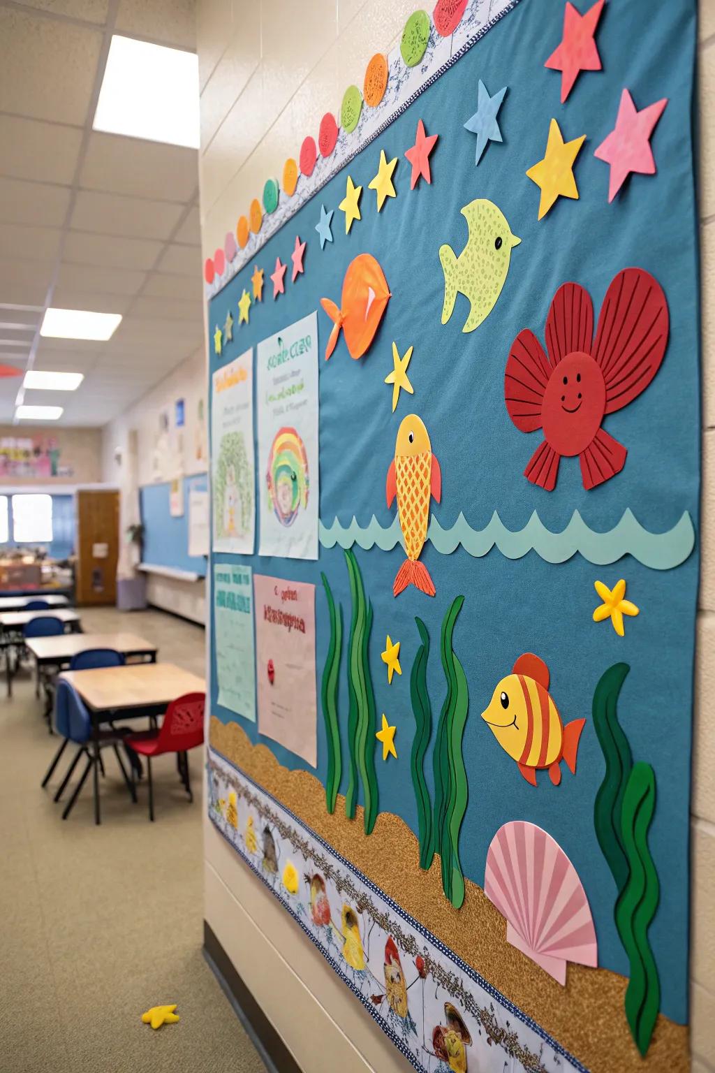 An ocean-themed bulletin board that brings the underwater world into the classroom.