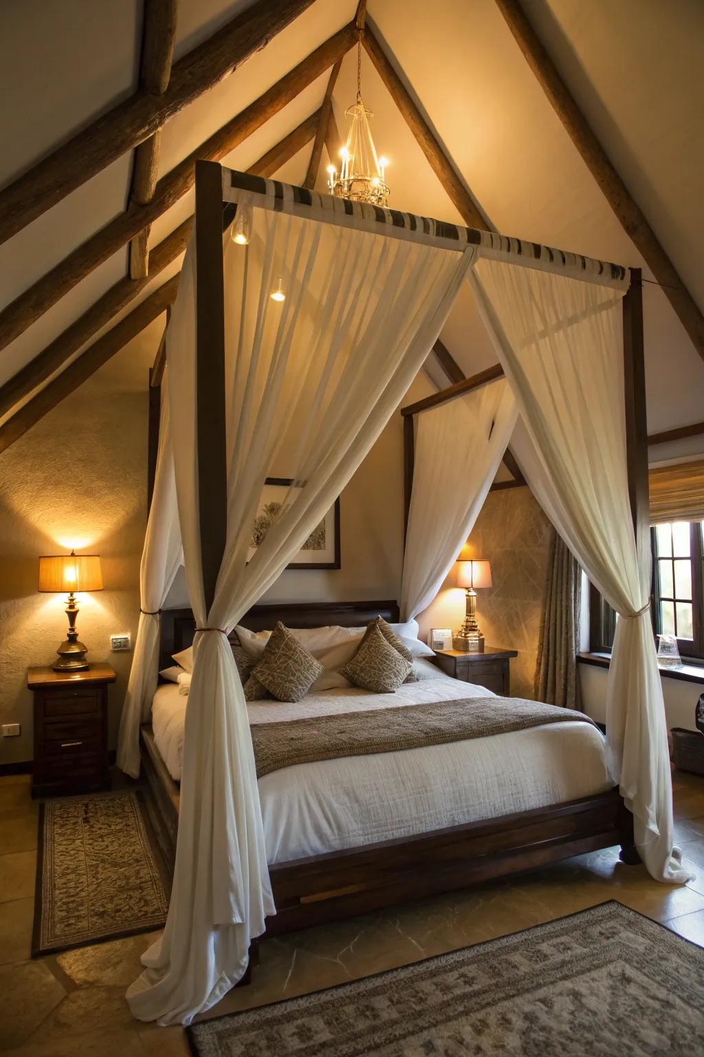 A canopy hung from the ceiling's peak creates an elegant centerpiece.