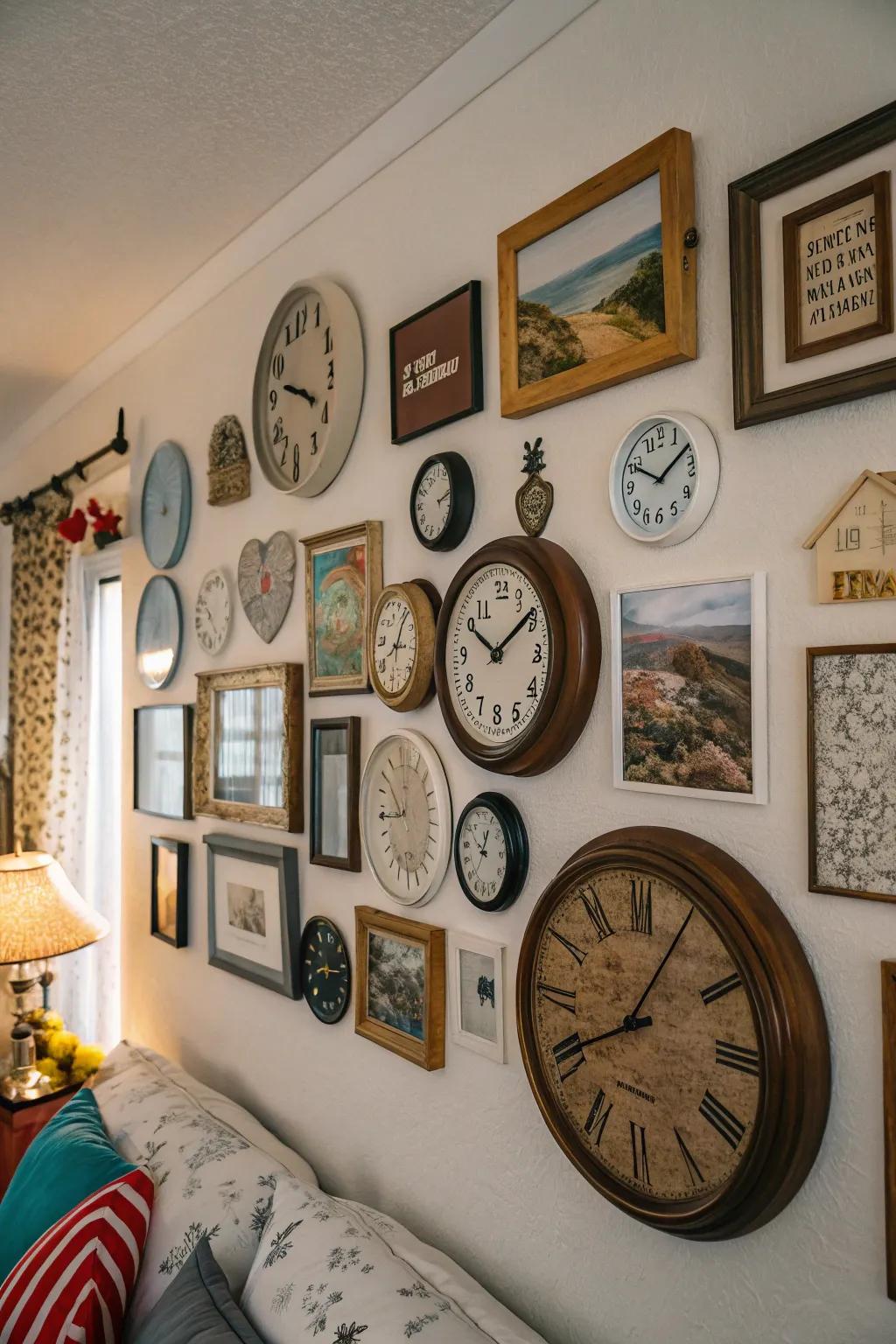 A gallery wall of clocks brings creativity and character to your bedroom.