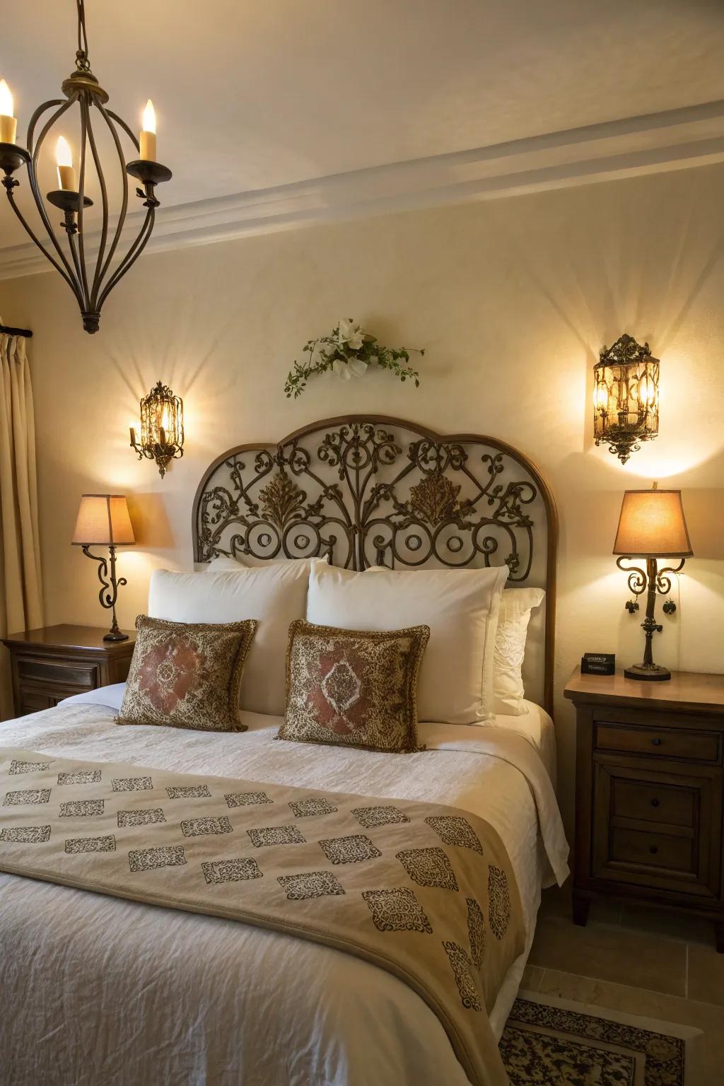 Wall sconces provide a cozy glow ideal for bedtime reading.