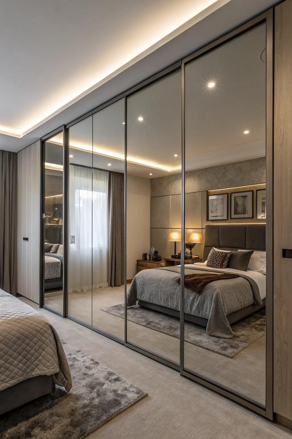 Mirrored closet doors in a bedroom, enhancing functionality and space.