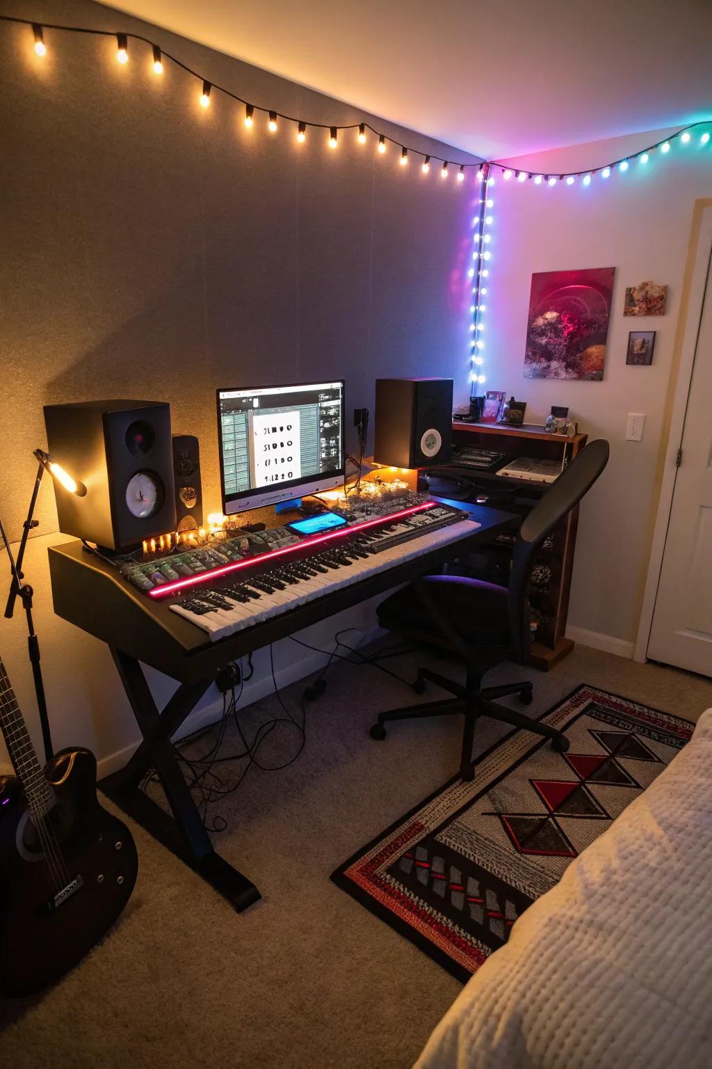 Enhance your creative space with ambient lighting to set the perfect mood for music production.