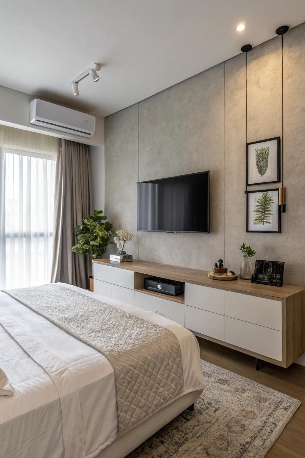 A wall-mounted TV creates a modern and spacious feel in the bedroom.