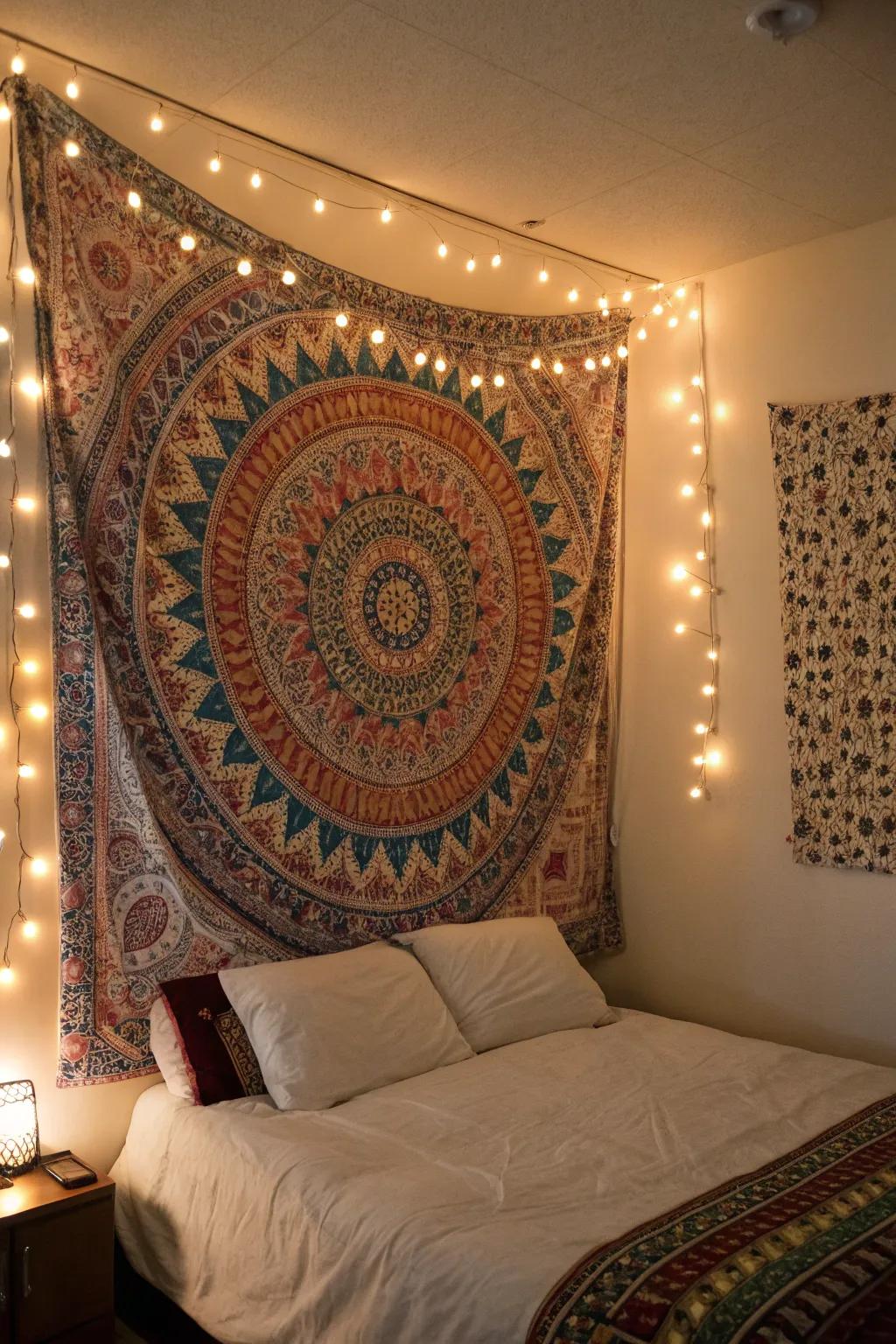 Create a cozy glow with tapestry and string lights.