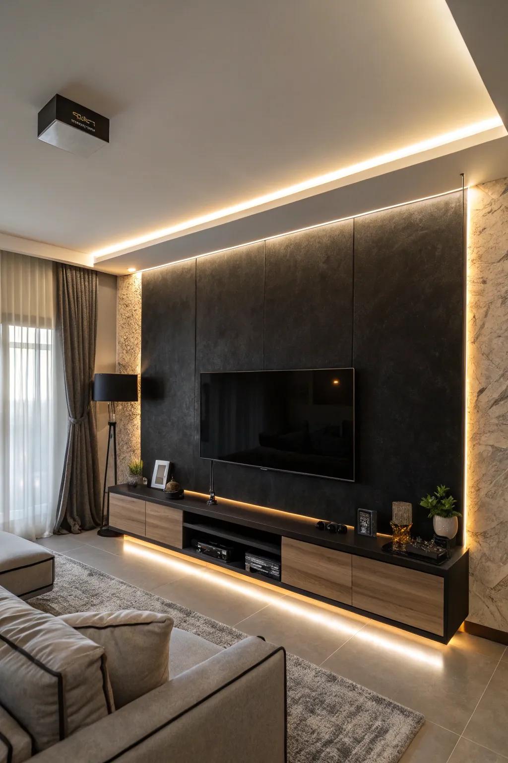 Ambient lighting enhances the visual appeal of a black accent wall.