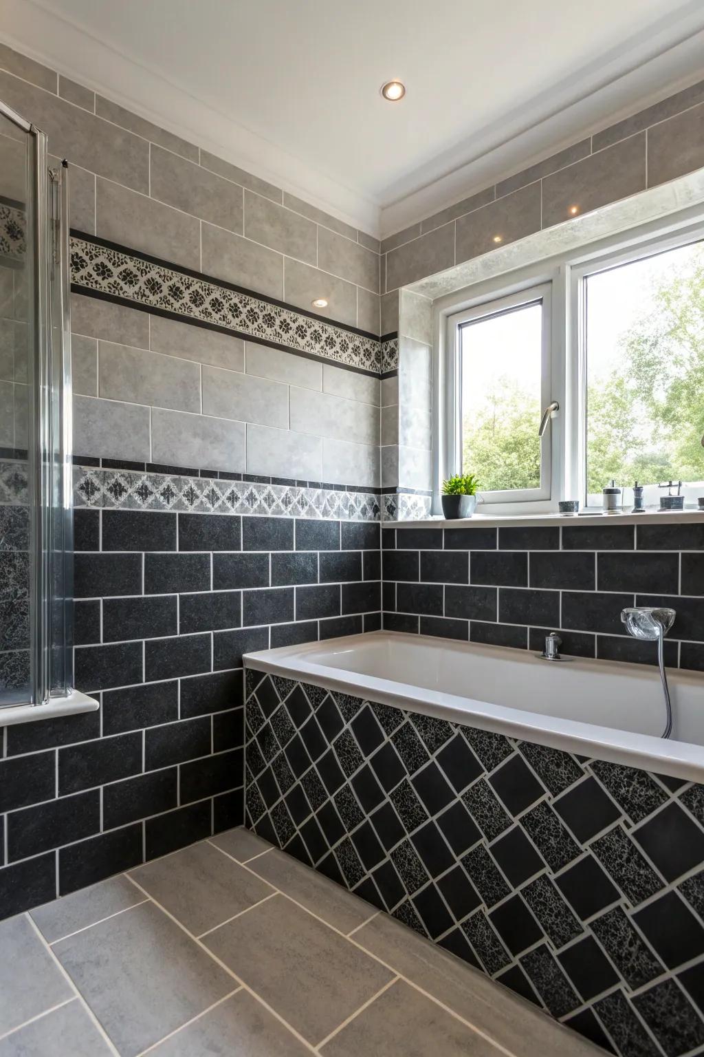 A bathroom featuring contrasting black and grey tiles for a dynamic look.