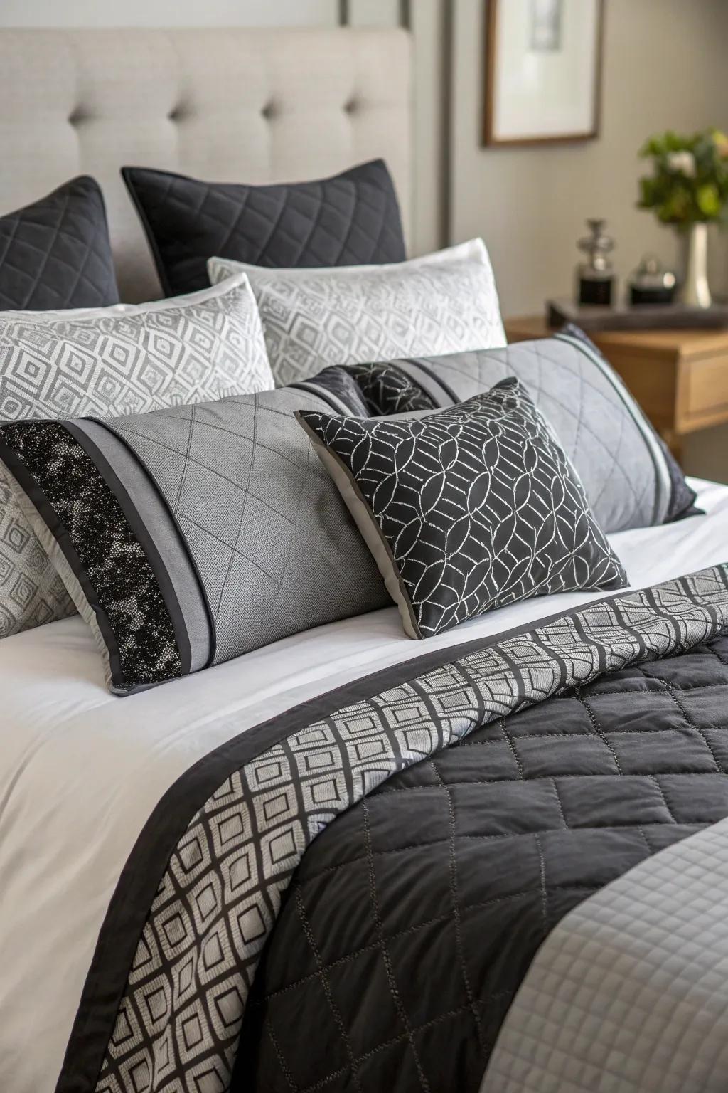 Monochrome bedding in black and grey creating a cohesive look.