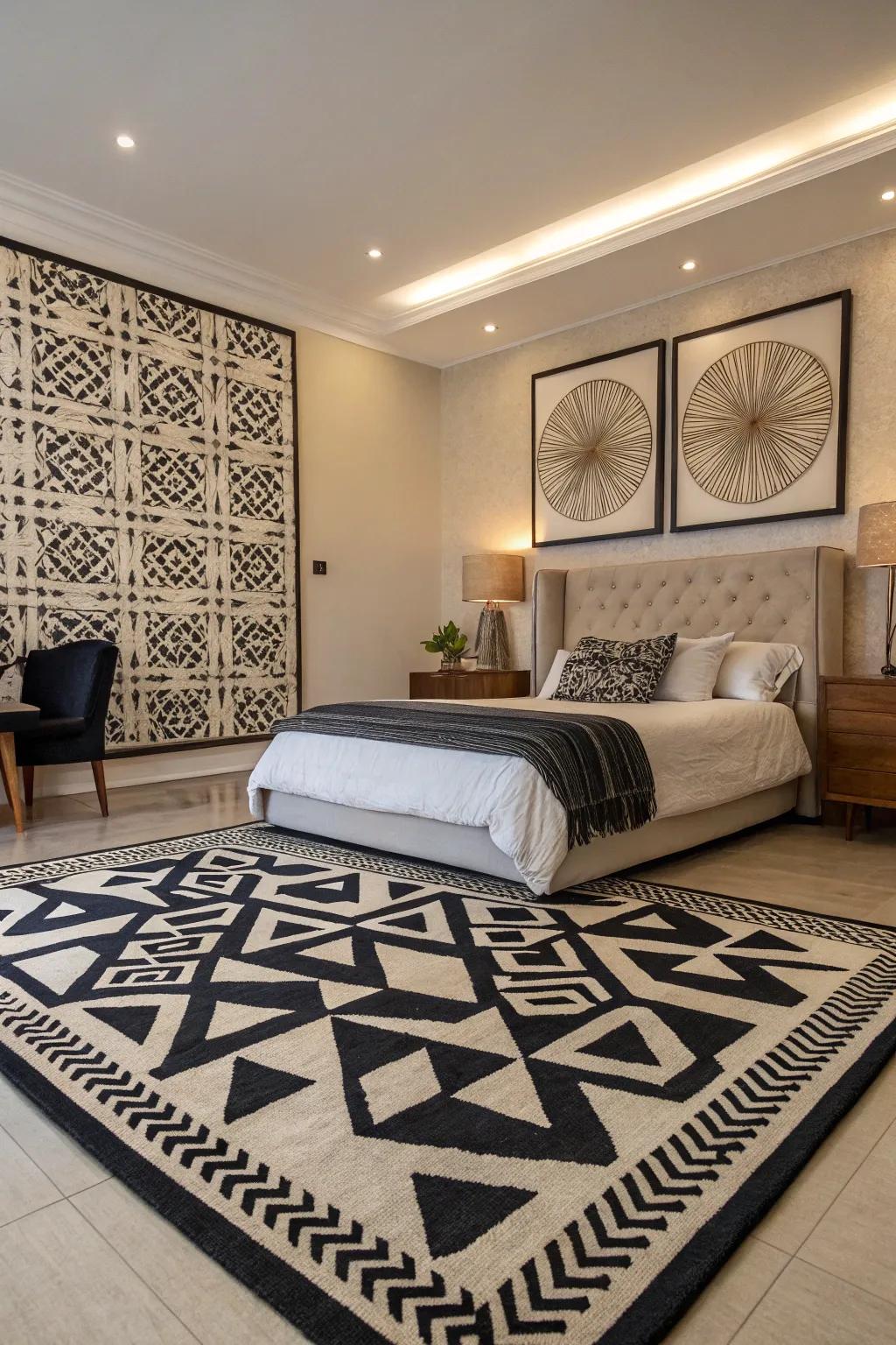 Geometric patterns infuse the bedroom with modern flair.