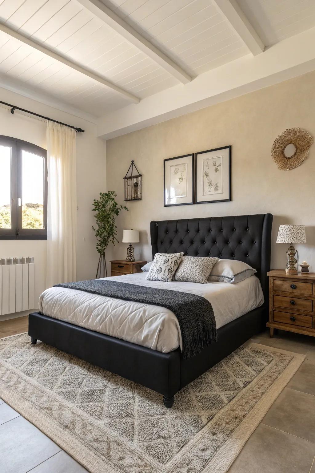 A striking black bed serves as the centerpiece in this minimalist bedroom.