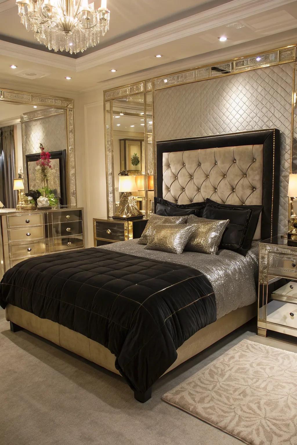 A glamorous bedroom that sparkles with metallic accents.