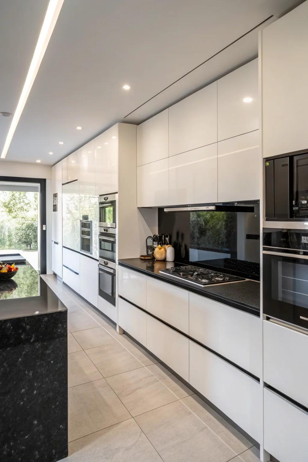 Integrated appliances with black countertops for a sleek look.