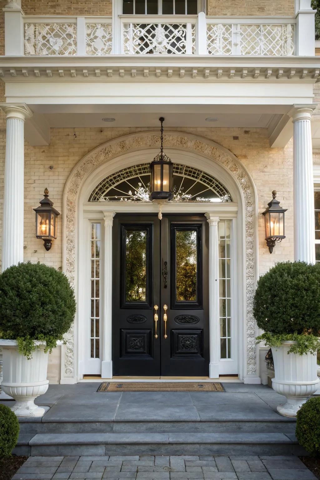 Double doors with white trim create an inviting and symmetrical entryway.