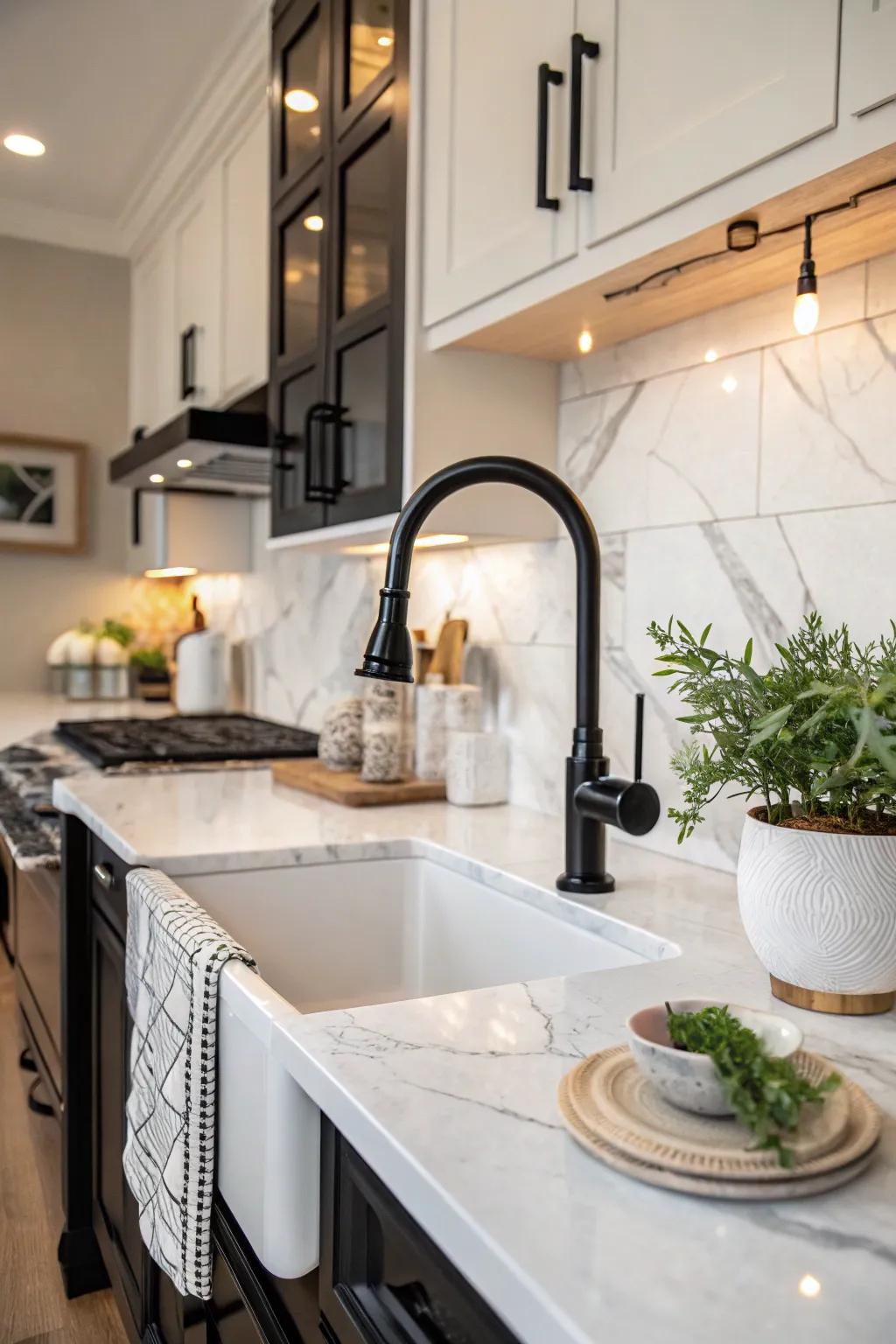 The elegance of marble is beautifully offset by this striking black faucet.