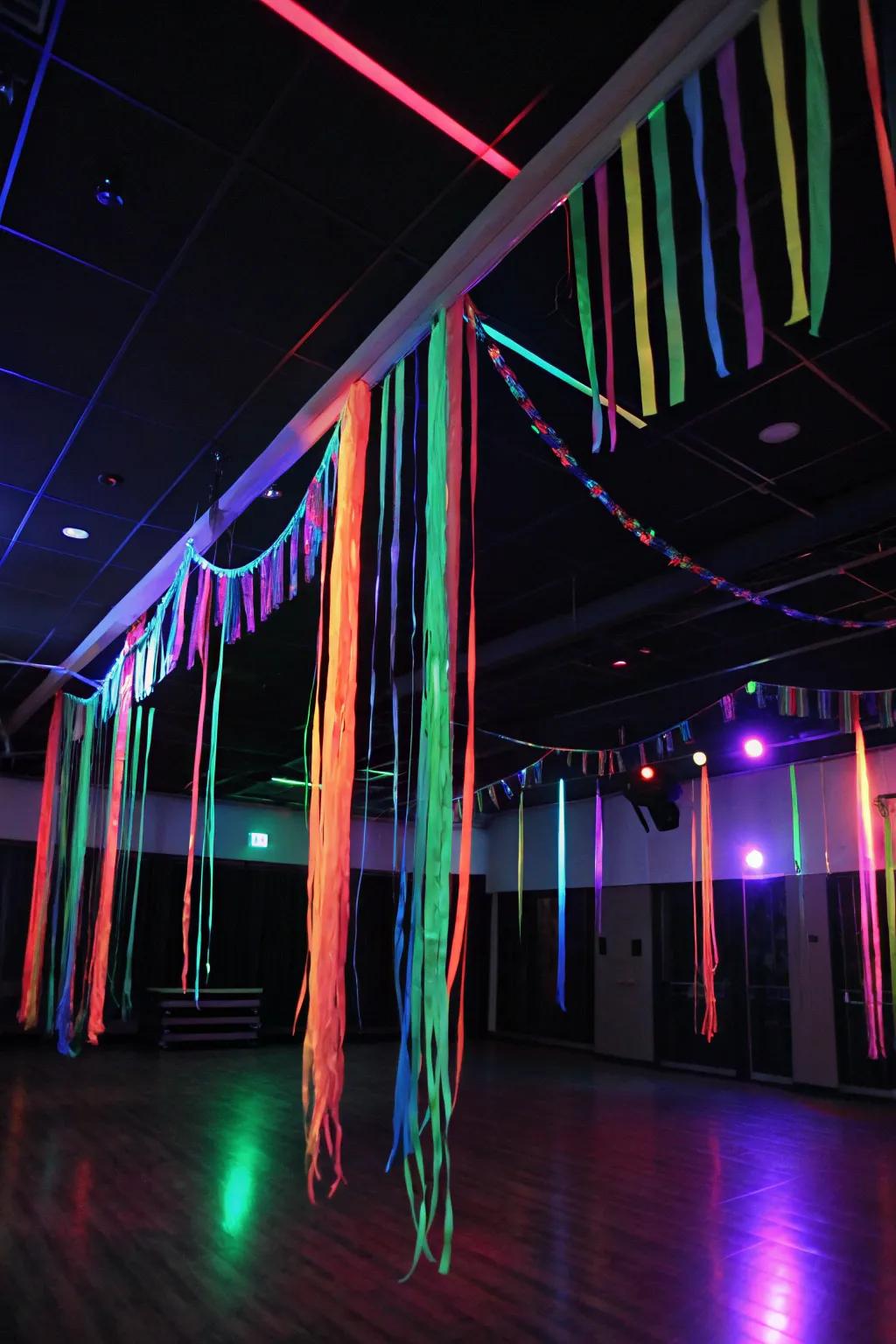 Turn your ceiling into a glowing spectacle with neon streamers.