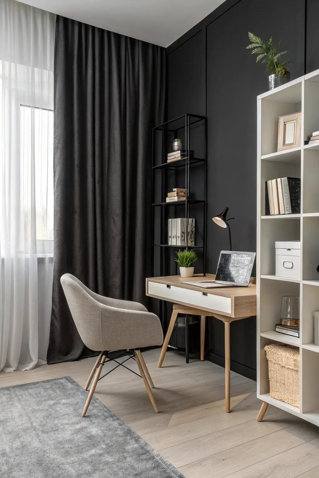 Minimalist furniture enhances the sleekness of a black-themed office.