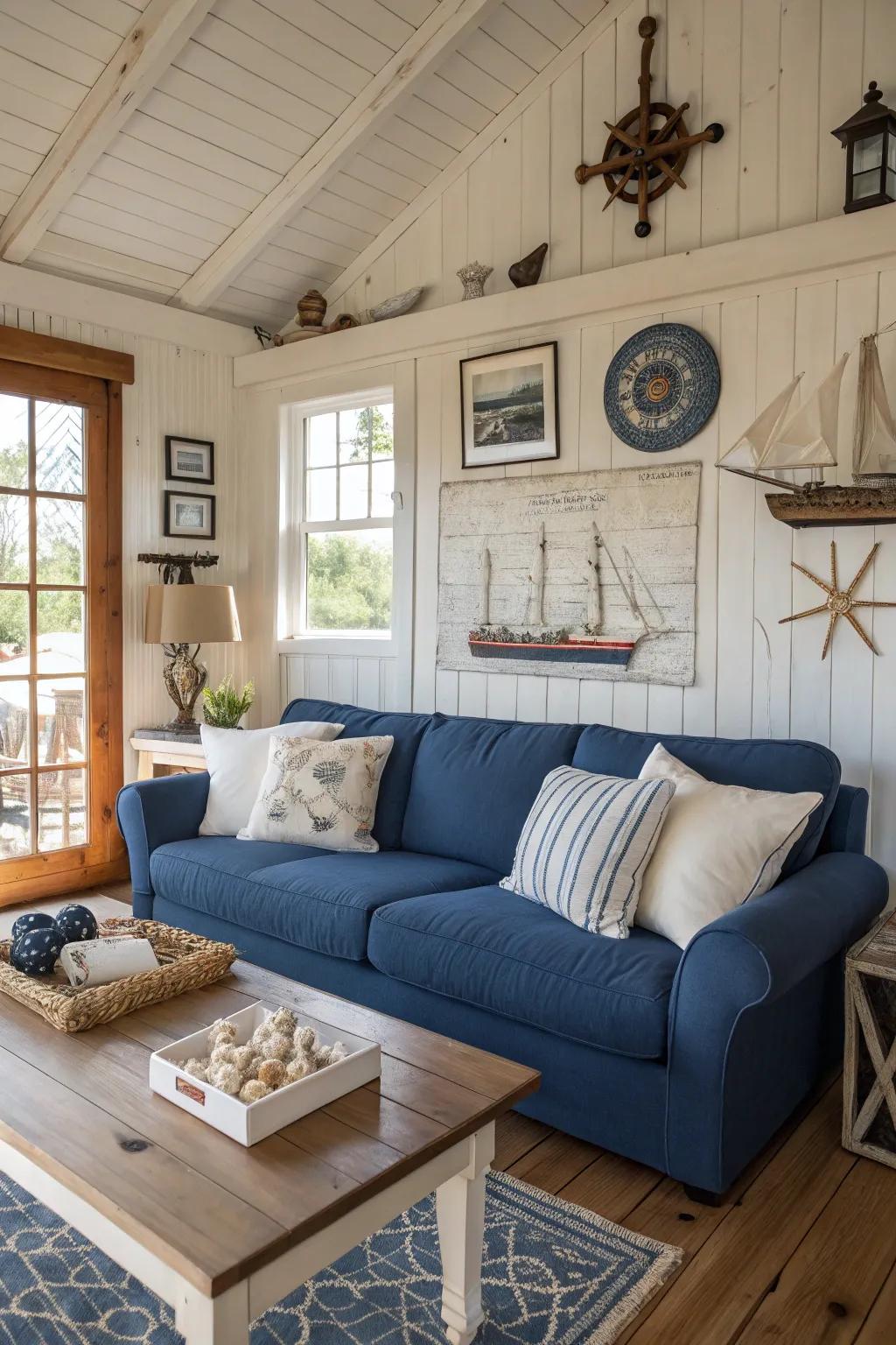 Create a beach-inspired living room with a blue couch and coastal decor.