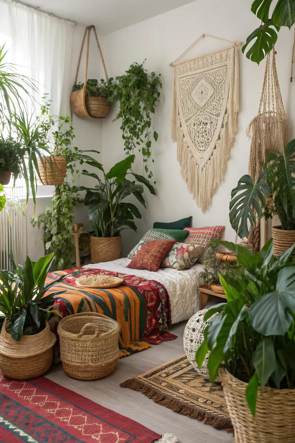 Lush indoor plants add vibrancy to this boho bedroom.